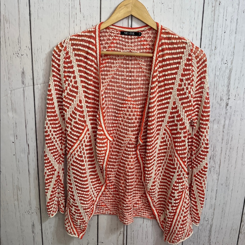 Anthropologie Burnt Orange White Geometric Open Front Semi Sheer Cardigan XS